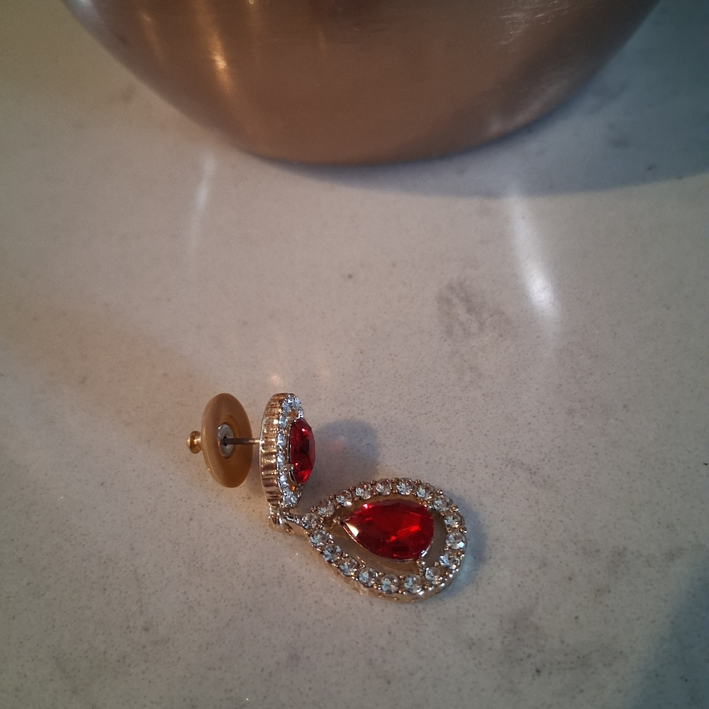Ruby Red and Rhinestone Earrings, By Monet - Picture 2 of 4